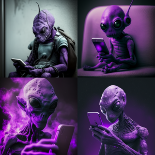 Скачать Изображение "Taysone_photography_of_a_purple_Alien_with_smartphone_fe1b3930-92bc-412c-bd4e-23becc65dc07" на тему "ИИ изображение", STVIX.com PNG без фона, для Wildberries, карточка товара