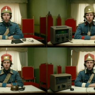 Изображение "Yumnab_wes_anderson_set_up_napoleon_with_headphones_on_his_head_b8dba910-b630-469b-bd98-a633180ef145" на тему "ИИ изображение"